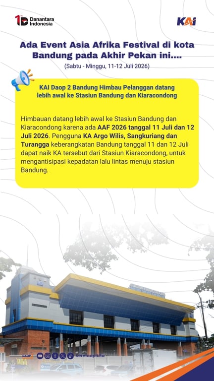 Asia Afrika Festival 2026 Digelar Akhir Pekan di Kota Bandung, KAI Daop 2 Bandung Imbau Pelanggan Datang ke Stasiun Lebih Awal
