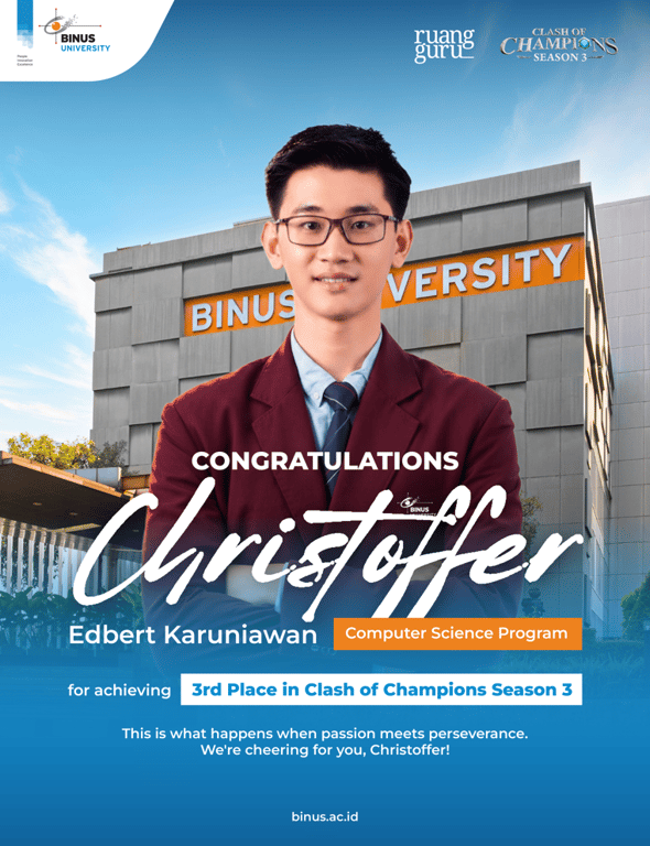 Mahasiswa BINUS UNIVERSITY Christoffer Edbert Tembus Top 3 Clash of Champions Season 3, Jadi Satu-satunya Wakil PTS